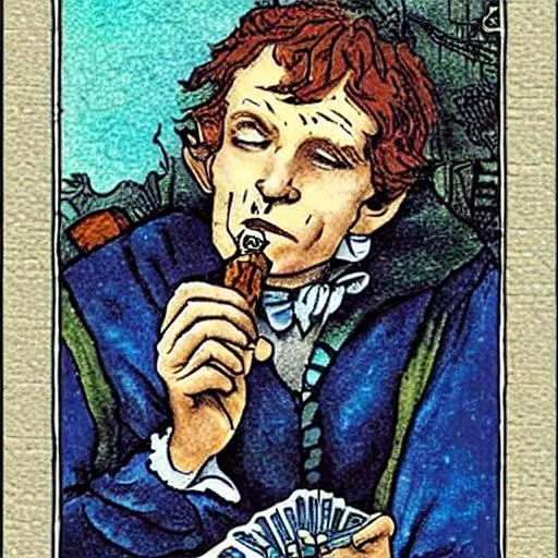 Prompt: Bilbo smoking his pipe as the fool tarot card