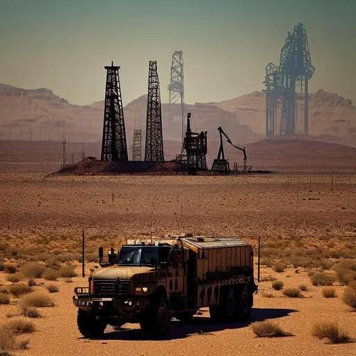 Prompt: oil rig, tall, desert, mountain, military