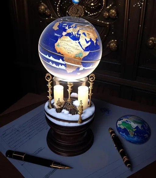 Prompt: 3D, HD, ({snow globe}{earth}Planet on middle of a long antique ornate wooden desk with parchment and quill pen nearby), expansive renaissance background, candlelight, hyper realistic, 4K --s98500