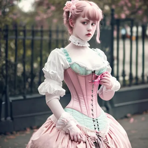 Prompt: Victorian era, beautiful woman, corset, pastel pink, Harajuku