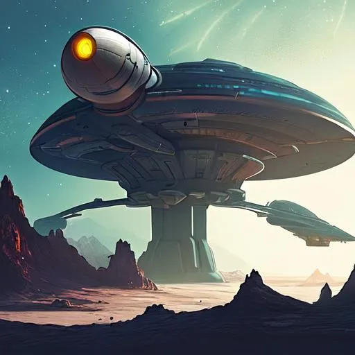 Prompt: Sci-fi spaceship near an alien planet