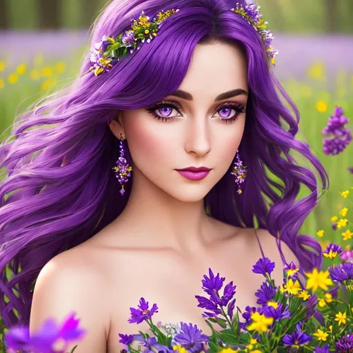 a fairy goddess, purple eyes and hair, light purpl...