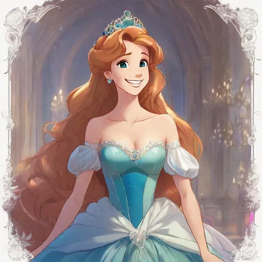Prompt: Vivid, detailed, Disney classic art style, Giselle Disney princess, smiling, ball gown, anime, tiara, visible cleavage, hugging prince