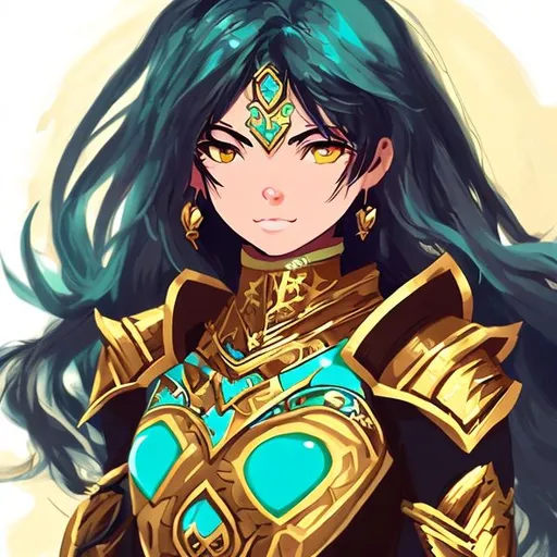 Prompt: Anime style fantasy brown eyes Latina woman fighter healer mage proportional  no hands focused small chest long black hair straight turquoise and gold armor 