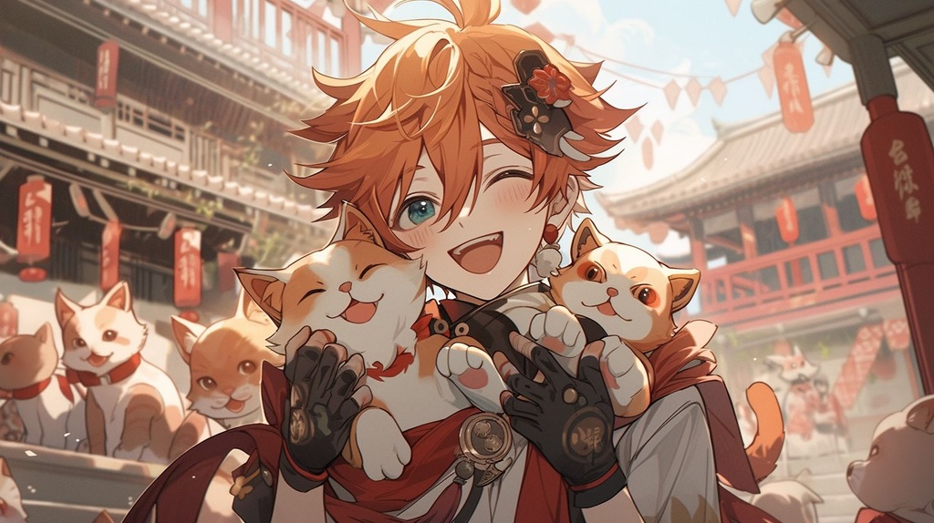 Prompt: Tartaglia from Genshin Impact, male, thin, blue eyes, feminine figure, thin, messy orange hair that falls between the eyes, red gem earing, red hair mask, wearing a long intricate kimono (silver, grey, black, and red), standing infront of a temple full of cats, looking happy, smiling, --upbeta --niji 5 --ar 16:9