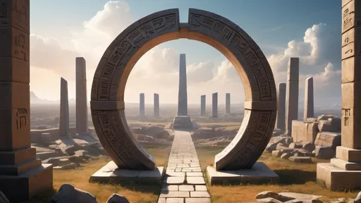 Prompt: circular portal, gateway between cities realms worlds kingdoms, ring standing on edge, freestanding ring, hieroglyphs on ring, complete ring, obelisks, panoramic view