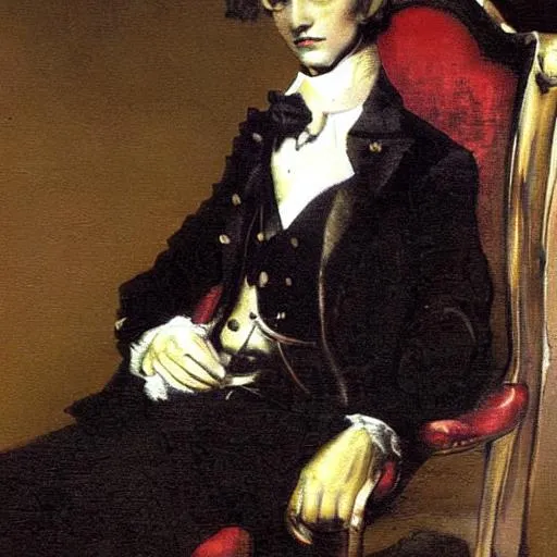 Prompt: Dorian Gray sitting in a chair painting classical