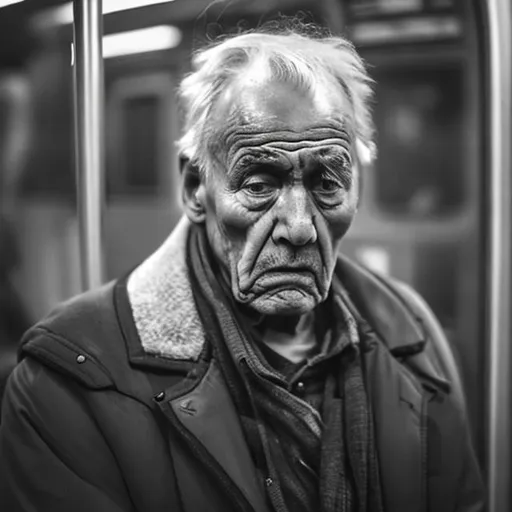 Prompt: Sad sad old man in subway
