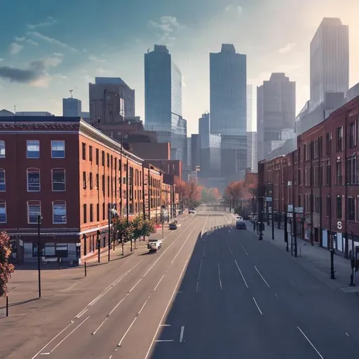 Prompt: 1970s tall brick buildings black road 1970s black cars on busy street city background birds eye veiw Light blue sky nice weather city background realistic high quality 4k