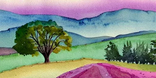 Prompt: 
A landscape watercolour painting showing a country scene with rolling hills in the background. Behind the hills, the sky has beautiful pink sunrise colours. A willow tree is in the mid-ground, with a woman standing beside it. She wears a purple dress.