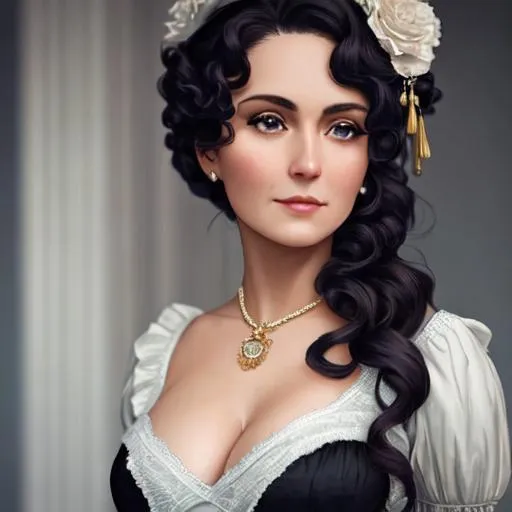 Prompt: An attractive 35 year old woman from the Victorian woman, elegant, facial closeup, very curly hair