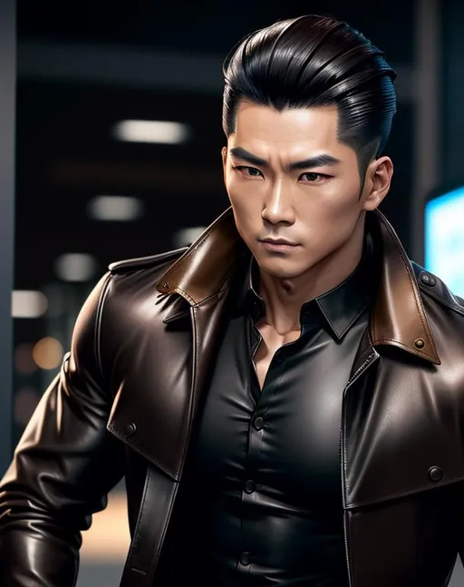 Prompt: perfect composition, {30 year old}, lean muscular  half japanese half english man, wearing futuristic {black shirt, brown leather trench coat with coat of arms}, {dark hair slicked back}, clean shaven, extra masculine, peak fitness, determined expression, looking at viewer, 8k eyes, detailed face, wlop, stanley artgerm lau, artstation, hd, octane render, hyperrealism intricate details, 8k, cinematic volumetric light, proportional, art trending on artstation, sharp focus, studio photo, intricate details, highly detailed, intricate artwork masterpiece, ominous, intricate, epic, trending on artstation, highly detailed, vibrant, production cinematic character render, ultra high quality model, 