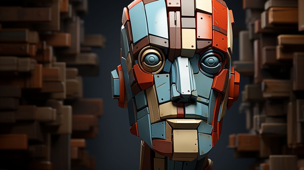 Prompt: vector head made of blocks long neck looking at me