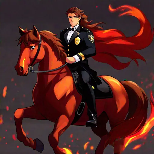 Prompt: Caleb  as a police officer (brown hair) (brown eyes) wearing a tuxedo, full body, riding a (demon horse, glowing red eyes, black coat, firey mane and tail)