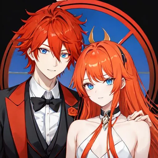 Prompt: Zerif 1male (Red side-swept hair covering his right eye) and Erikku 1male (short orange hair, blue eyes) wearing black suits at a wedding