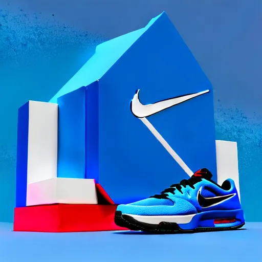 Prompt: Product shot of nike
shoes, with soft vibrant
colors, 3d blender
render, modular
constructivism, blue
background

