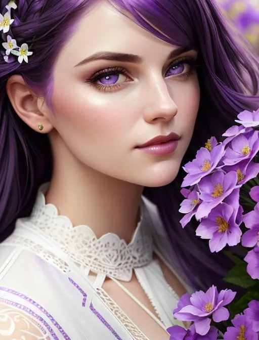 Prompt: Portrait of {woman} with {purple} hair and with cute face, {white and purple flowers}, perfect composition, hyperrealistic, super detailed, 8k, high quality, trending art, trending on artstation, sharp focus, studio photo, intricate details, highly detailed, by greg rutkowski