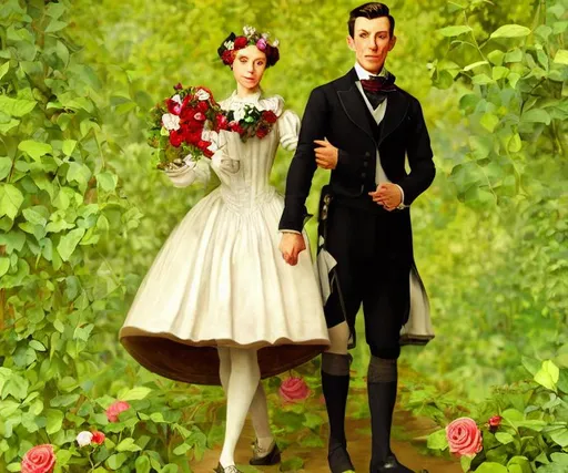 Prompt: color illustration by Norman Rockwell and Artgerm, a prince and Princess dressed in Victorian formal attire standing in a very fine garden of ivy and roses, Award-winning cgi, blender, rendered in maya 