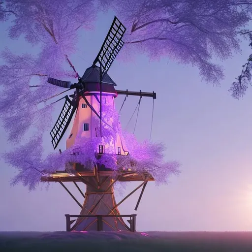 Prompt: A floating windmill, wrapped in a large white tree that is coursing with purple light