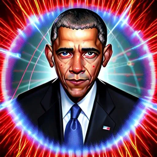 Prompt: a zoomed in picture on Barak Obama . His eyes are glowing red and blue with lasers. 