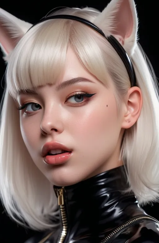 Prompt: ultra-detailed digital painting, side-view portrait of a pale-skinned young woman with platinum white bobbed hair and bangs, wearing shiny black latex catsuit with gold zipper details, glossy black latex gloves, playful expression with tongue out and fanged teeth, soft blush and flawless glowing skin, cat ears headband with leather strap accents, close-up, sharp focus, high contrast lighting, fashion editorial style, anime-inspired realism, cinematic glow, studio black background, alluring and mischievous pose, photorealistic anime hybrid, high detail in eyes and lips

Style: photorealistic + anime hybrid, 
ultra-glossy latex texture, 
high contrast lighting, 
studio photography aesthetic, 
cinematic depth of field, 
close-up portrait framing, 