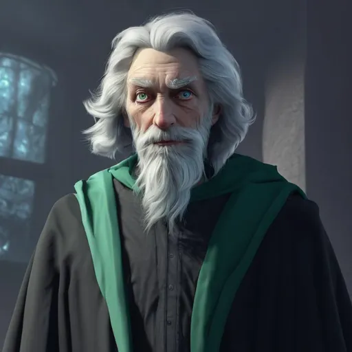 Prompt: Dr. Miles is an old man in a dark robe with green trim. He has medium-length snow-white-gray hair that is carefully combed back, no wrinkles, and he also has very light blue eyes and a worried-kind look. Realistic digital art, artstation, portrait