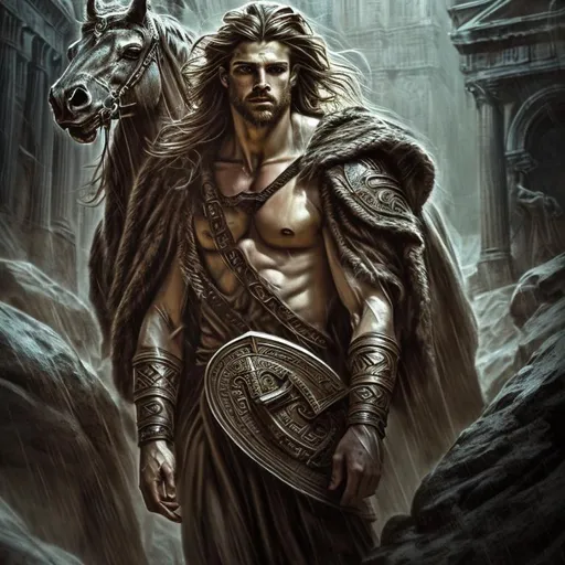 Prompt: Epic, Heroic, fantasy, ominous, cinematic lighting, 3D, HD, [{Rugged Handsome!}Male as {Greek God} and with {Long brown hair with gray highlights}, Beautiful big eyes], {Greek}mythology, mist, expansive ancient Greek background, hyper realistic, uber detailed, 64k, high quality, sharp focus, intricate details, highly detailed --s98500