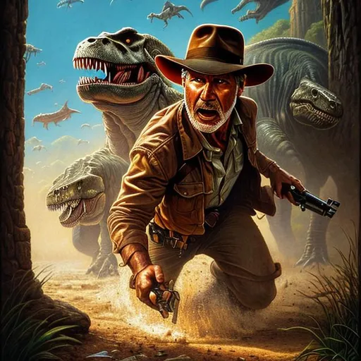 Prompt: ultra realistic illustration, Harrison Ford Indiana Jones being chased by a T-Rex, {{incredibly detailed face}}, intricate, highly accurate Harrison Ford face, elegant, highly detailed, digital painting, artstation, concept art, smooth, sharp focus, illustration, art by artgerm and greg rutkowski and drew struzan