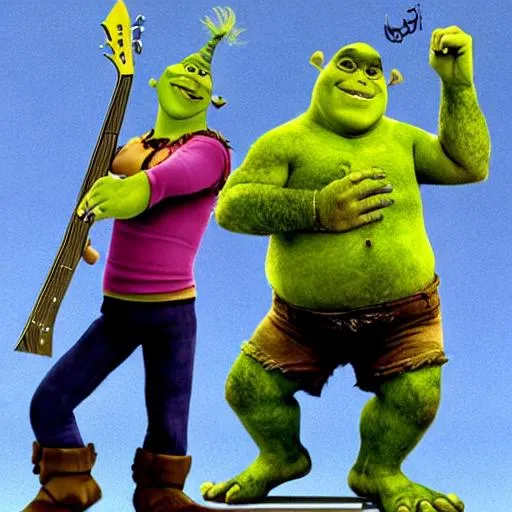 Prompt: Cool Shrek and Ben Stiller start an epic rock band 70s groovy