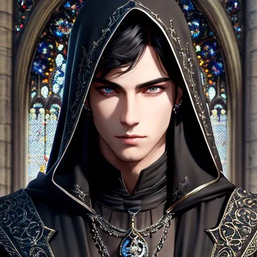 Prompt: UHD, 8K, masterpiece, high quality face, very detailed, trending on artstation, masterpiece, fantasy, male necromancer, lean body, dark clothing with silver ornaments and hood, DnD art, short black hair, highly detailed eyes, dark gothic church in the background