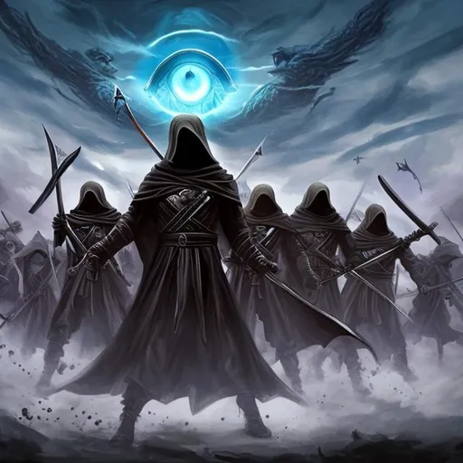 Prompt: An army of hooded cultists raising swords to a mysterious eye in the sky