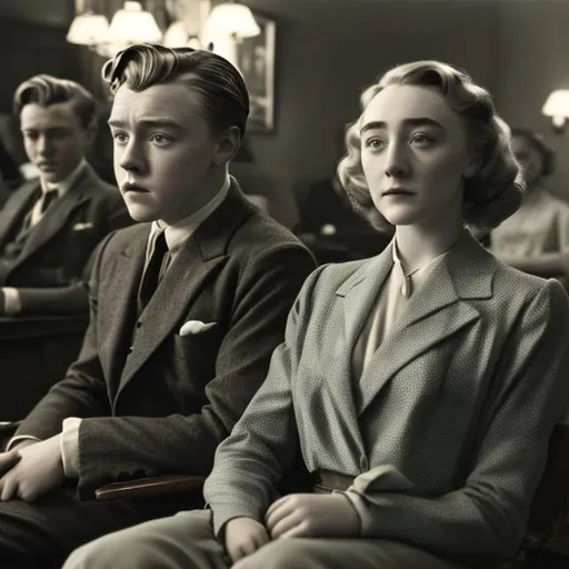 Prompt: Saoirse Ronan and Jack Lowden as an 1950s era Hollywood actors looking at you sitting on director’s chair.
