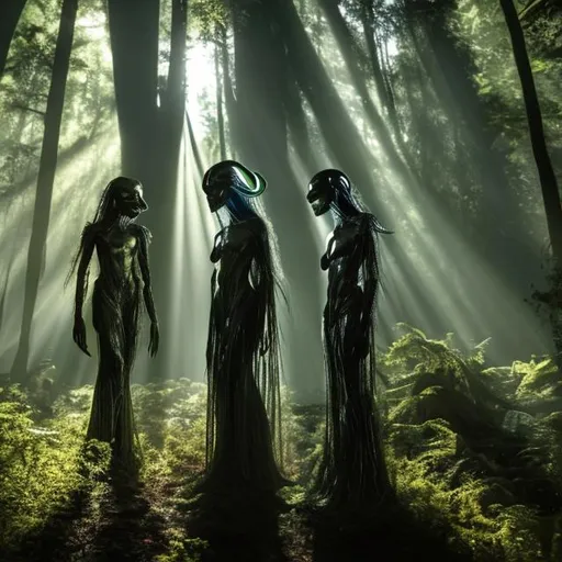 Prompt: Exotic extraterrestrial beings in the forest standing in a ray of light