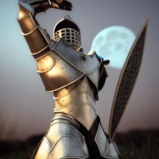 Prompt: Photorealistic model in plate armor in front of full moon





