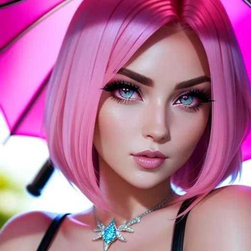 Prompt: {{{{highest quality splash art masterpiece}}}} {upper body long shot} of beautiful stunning gorgeous cute feminine woman with {{hyperrealistic intricate pink angled bob hair}} and {{hyperrealistic beautiful pink eyes}} and hyperrealistic feminine gorgeous stunning cute soft face and pointy nose and big lips, {{holding hyperrealistic intricate cute pink opened umbrella}} in the rain, soft white skin, red blush cheeks, cute shy smile, {backlit}, {{hyperrealistic intricate seductive pink lingerie}} with {deep exposed cleavage} and visible abdominal muscles, {abs}, hyperrealistic toned body, {{seductive love gaze at camera}}, {{looking over shoulder}}, {{blurred hyperrealistic rainy street in background}}, hyperrealistic intricate rain and city at dawn, cinematic glamour lighting, backlight, action shot, intricately hyperdetailed, perfect face, perfect body, perfect anatomy, hyperrealistic, hyperrealism, mythical, epic fantasy, sharp focus, glamour, volumetric lighting, studio lighting, triadic colors, occlusion, ultra-realistic, dramatic lighting, beauty, hot sensual feminine romance, facial expression, professional photography, perfect composition, unreal engine octane, 3d lighting, UHD, HDR, {128K}, render, HD, trending on artstation, full body front view, realistic, concept art, highres, fine, smooth, 3d illustration, centered, symmetry, ultimate, hyperrealistic digital art, painted, shadows, contrast, approaching perfection, stunning goddess, fantastical, elegant, majestic, {{huge breast}}, {{sexy}}