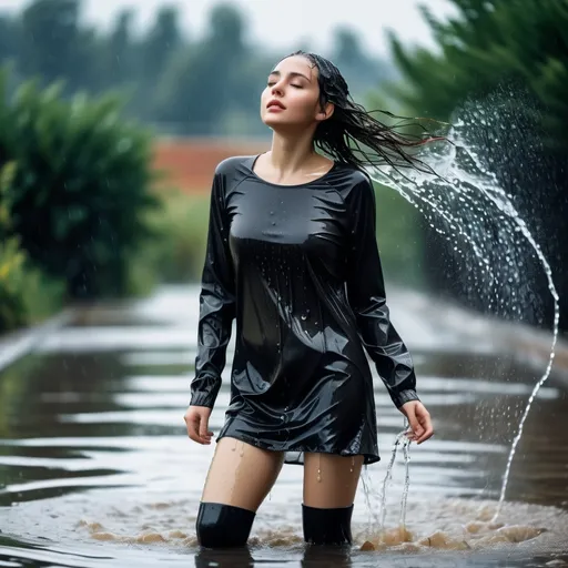 Prompt: photo of young woman, soaking wet clothes, Over knee boots, Black tights, Short dress,  , Swimming ,   enjoying, water dripping from clothes, clothes stuck to body,  detailed textures of the wet fabric, wet face, wet plastered hair,  wet, drenched, professional, high-quality details, full body view.