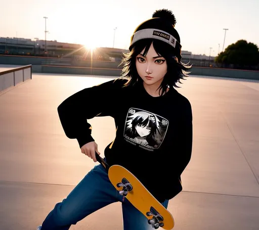 Prompt: manga by Kohei Horikoshi, hot tough 3D korean girl with medium length black fluffy hair and black eyes, arm tattoos, pale complexion, Joan Jett lookalike, round face, bushy eyebrows, smirk expression, glaring eyes, beanie, black sweatshirt and baggy jeans, holding skateboard, skatepark setting, golden hour, medium shot, mid-shot, front view, ultra realistic, intricate details, highly detailed, trending on Artstation, Hyperealistic details ray tracing shaders, octane render 8 k, 64k, UHD, unreal engine 