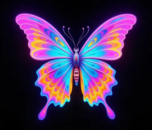 Prompt: realistic family of 3 light drawing bright neon butterflies spectrum of light drawing rich colours painting intricate detail black backdrop, bright colourful, elegant design