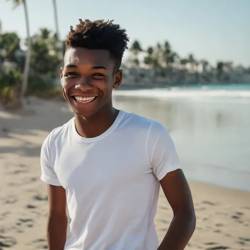 Prompt: a young man, realistic, happy, full body, look on camera ,wearing a white t-shirt, on summer vacation ,beach background 
