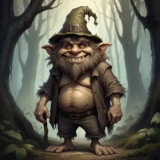 Prompt: Full body, Fantasy illustration of smuddly troll, brown hairy skin, sloppy wornout cloth, old wornout hat, tiny, fuzzy beart, mischievious expression, lazy smile, high quality, rpg-fantasy, detailed character design, atmospheric, spooky ambiance, dark fairy forest background