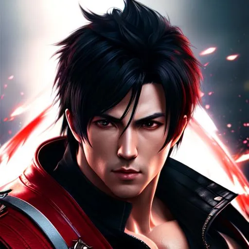 Prompt: realistic concept portrait of Jin Kazama karateka from Tekken, black hairstyle spiked upwards, CGI style, unreal engine 5 , volumetric lighting and complimentary colors, beautiful detailed intricate insanely detail