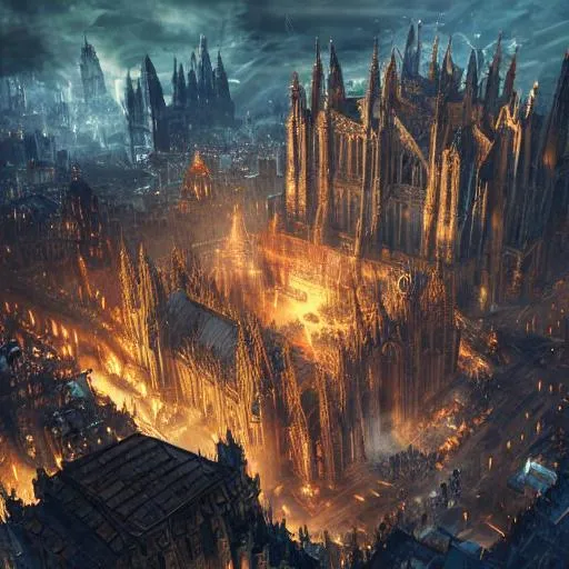 Prompt: high aerial shot, a majestic epic cathedral with big place and statue in the style of warhammer 40k, bloodborne, gothic art, dark fantasy,  , concept art, volumetric lighting, trending on art station, warm sun light, god rays,  highly detailed, scenery, 8K.