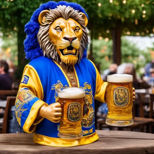 Prompt: smiling lion wearing regal robes of royal blue and gold celebrating friday afternoon with a large stein of beer in a beer garden 