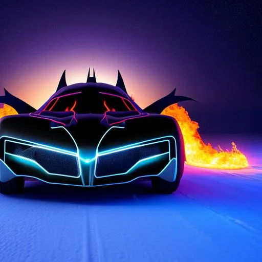 Prompt: Futuristic mega Batman car on fire and ice cosmic speed