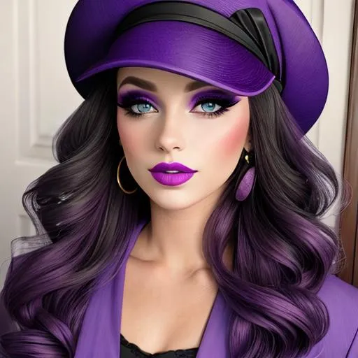 Prompt: A woman all in purple, pretty makeup, wearing a hat