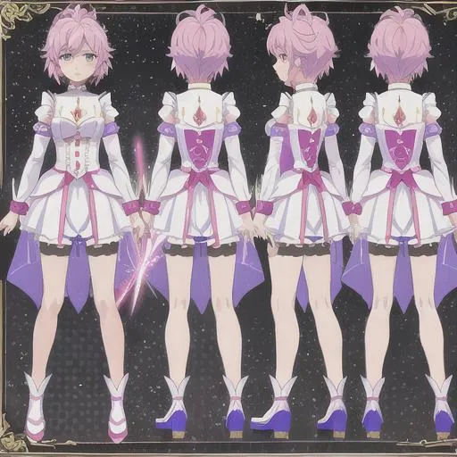 Prompt: A character sheet of an anime magical girl with short hair and freckles , covered in stars. Rainbow accents on outfit. holding a microphone Concept Art. Card captor Sakura inspired.  Madoka Magica Inspired. reference sheet, different expressions,  different poses, concept sheet, side profile, back proflie