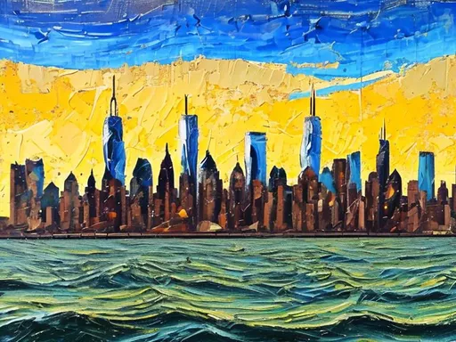 Prompt: Thick oil impasto York Skyline from 42nd Street Pier, thick oil impasto