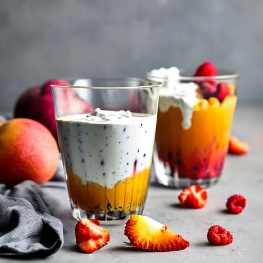 Prompt: glas met vers zomerfruit, yoghurt en lijnzaad
