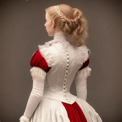 Prompt: three quarter rear view of a photo realistic beautiful 22 year old woman with wavy blonde hair wearing Victorian era white and red gown. Face facing away slightly to the side. Eyes open