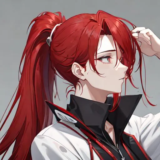 Prompt: Zerif 1male (Red side-swept hair covering his right eye) pulling his hair back into a ponytail, side profile, 8k, UHD, highly detailed, insane detail